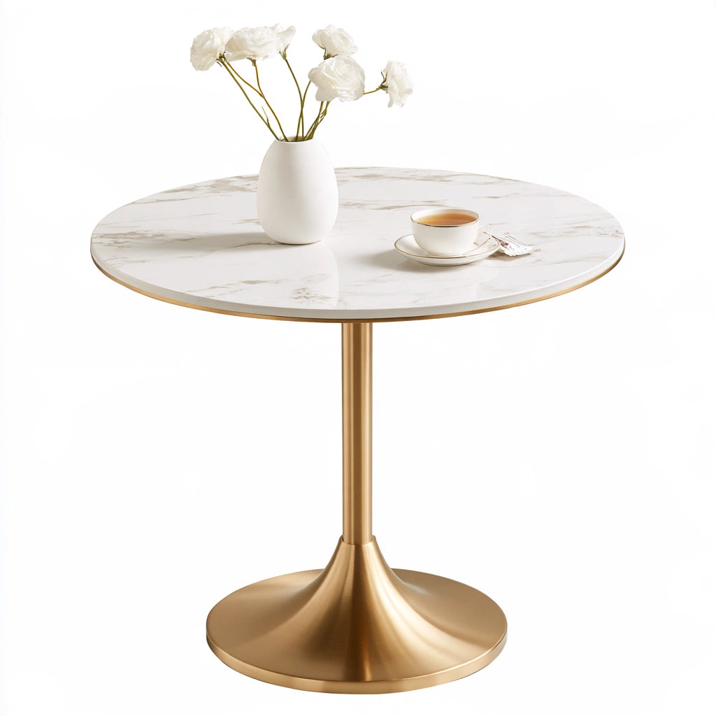 Table sur pied central à finition effet marbre, coloris blanc