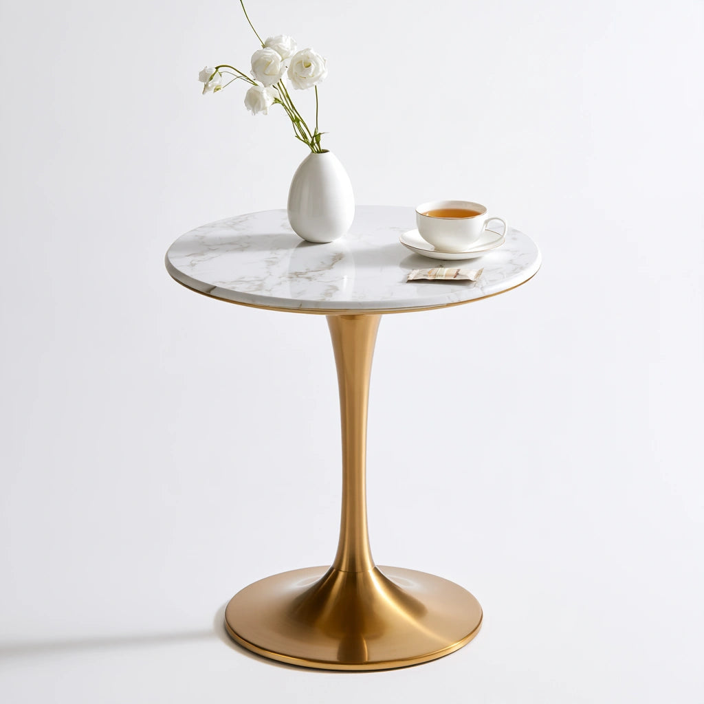 Table sur pied central à finition effet marbre, coloris blanc
