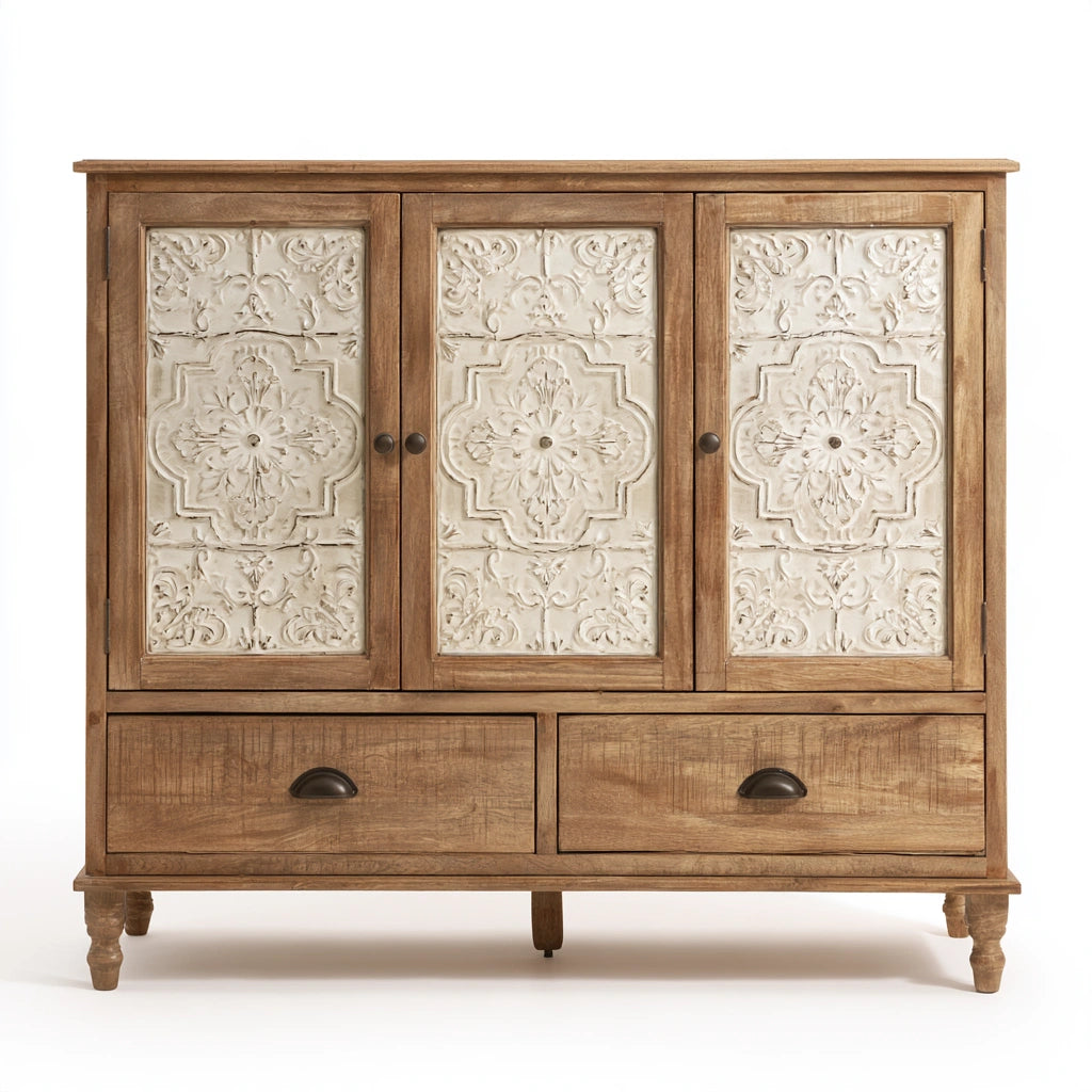 Meuble de rangement en bois à deux tiroirs à trois portes, coloris brun naturel