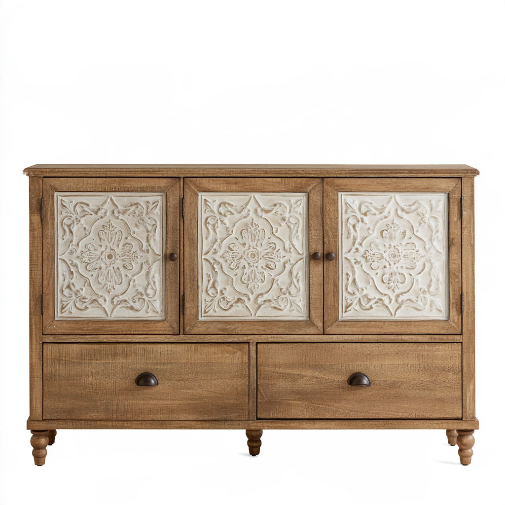 Meuble de rangement en bois à deux tiroirs à trois portes, coloris brun naturel