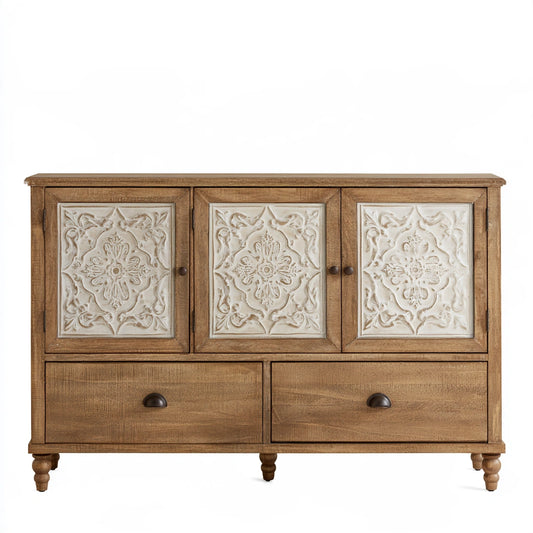 Meuble de rangement en bois à deux tiroirs à trois portes, coloris brun naturel